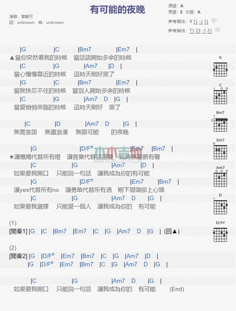 有可能的夜晚吉他谱_曾轶可_图片谱完整版-C大调音乐网