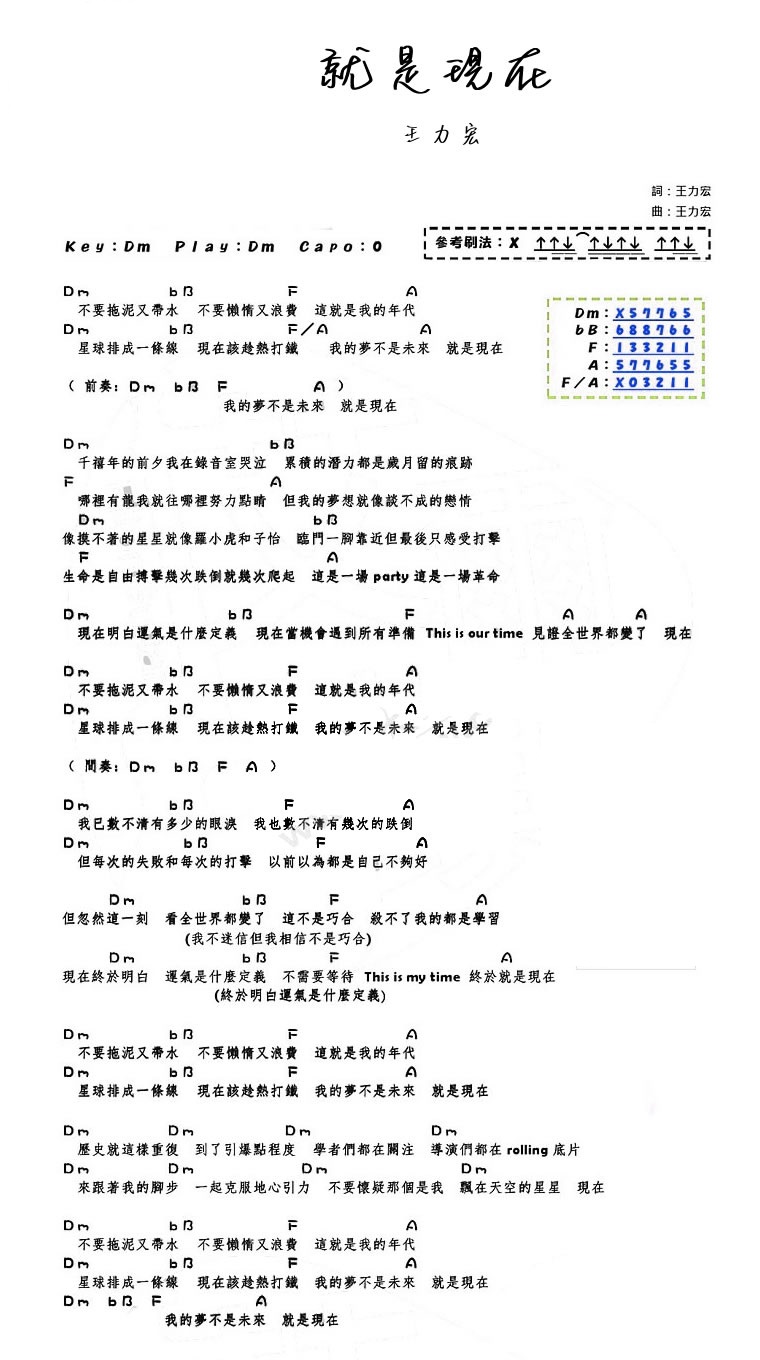就是现在吉他谱_王力宏_弹唱图片谱完整版-C大调音乐网