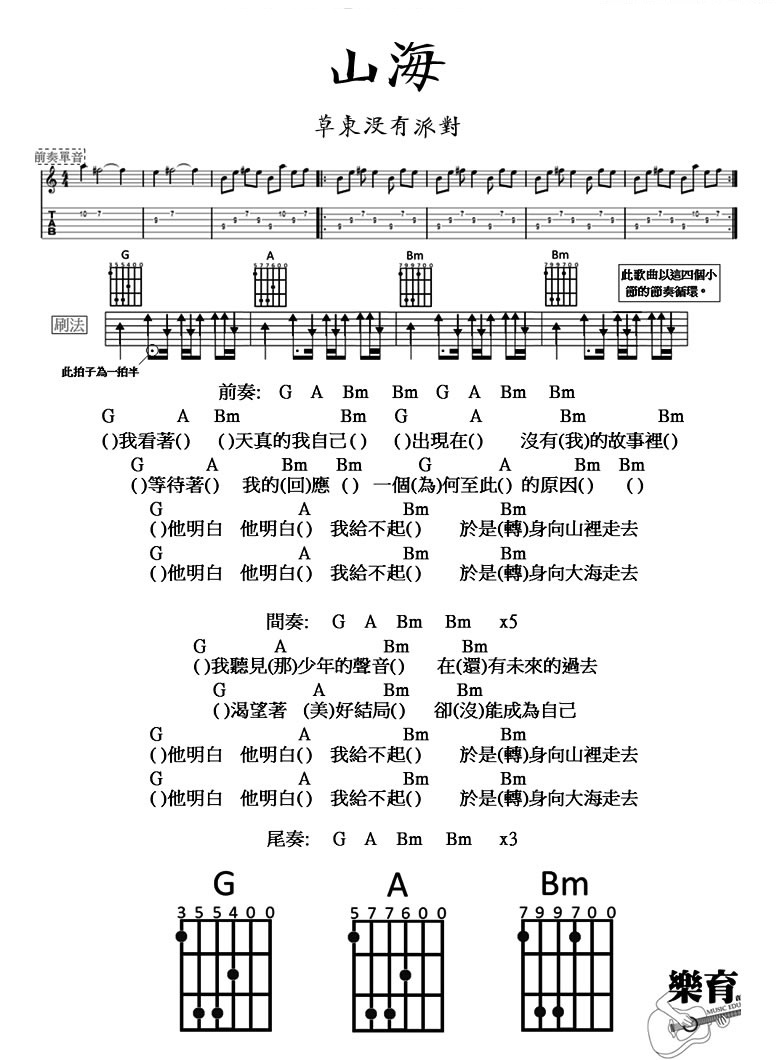 山海吉他谱_草东没有派对_图片谱完整版-C大调音乐网