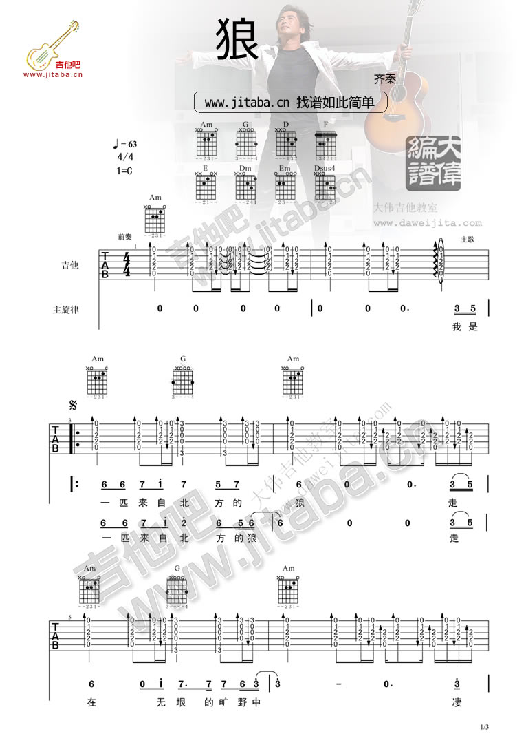狼吉他谱_吉他视频教学好听_齐秦狼_六线图片-C大调音乐网