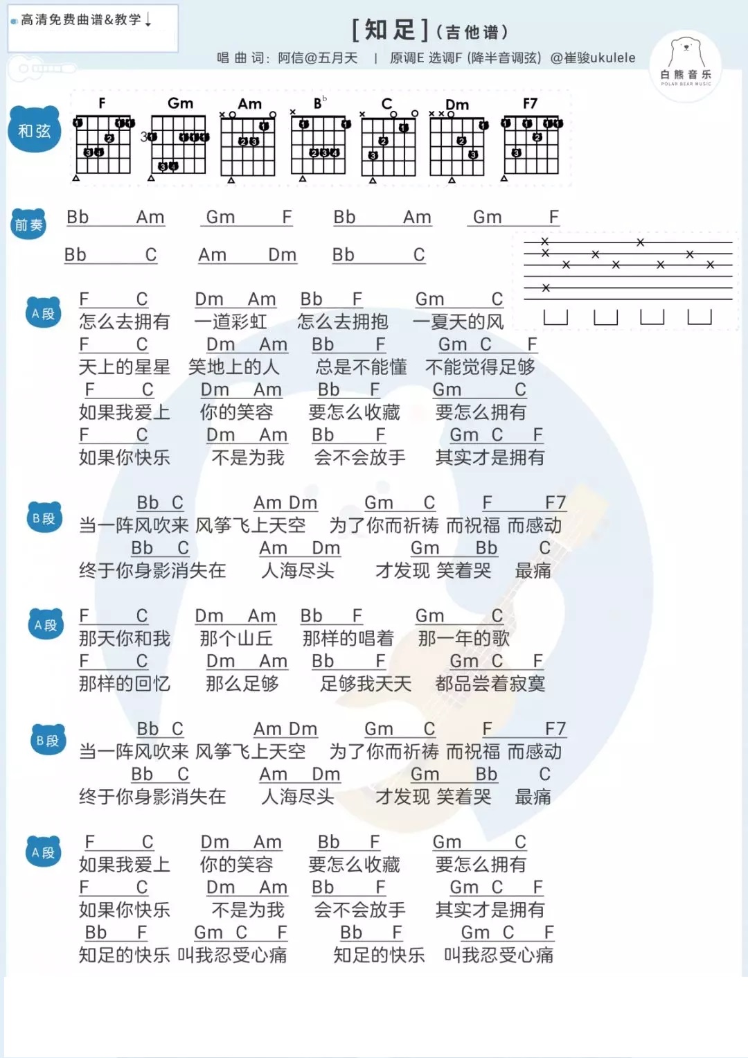 「知足」指弹演示教学+吉他弹唱谱（五月天）-C大调音乐网