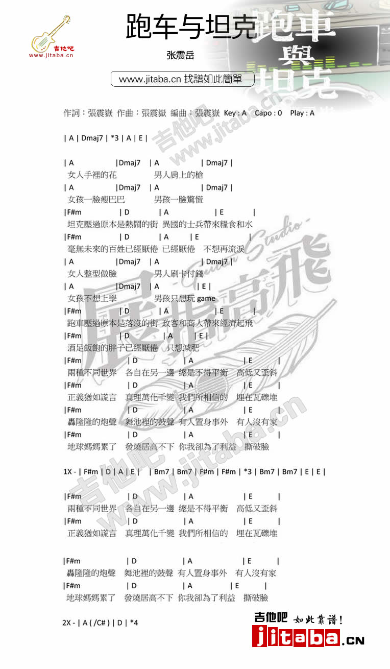 坦克与跑车吉他谱_张震岳_和弦图-C大调音乐网