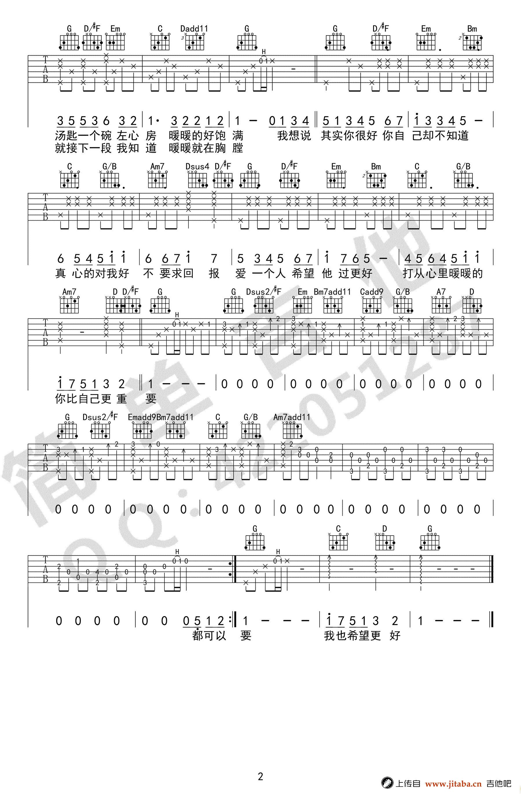 暖暖吉他谱_梁静茹_G调_简单吉他_高清弹唱谱-C大调音乐网