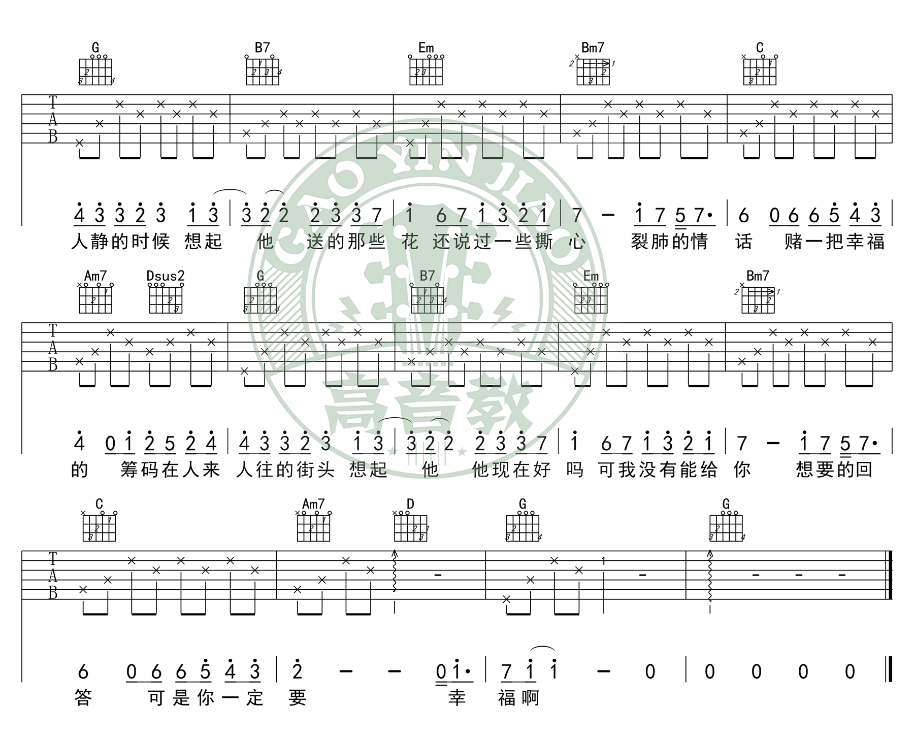你一定要幸福吉他谱_虎二_G调图片谱完整版-C大调音乐网