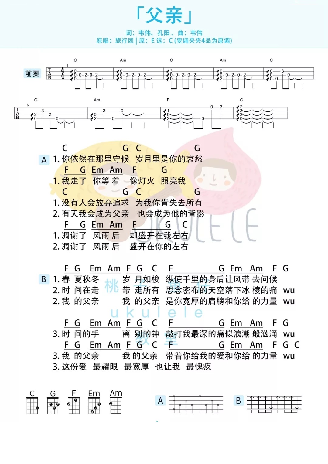 《父亲》尤克里里弹唱谱（旅行团乐队）-C大调音乐网