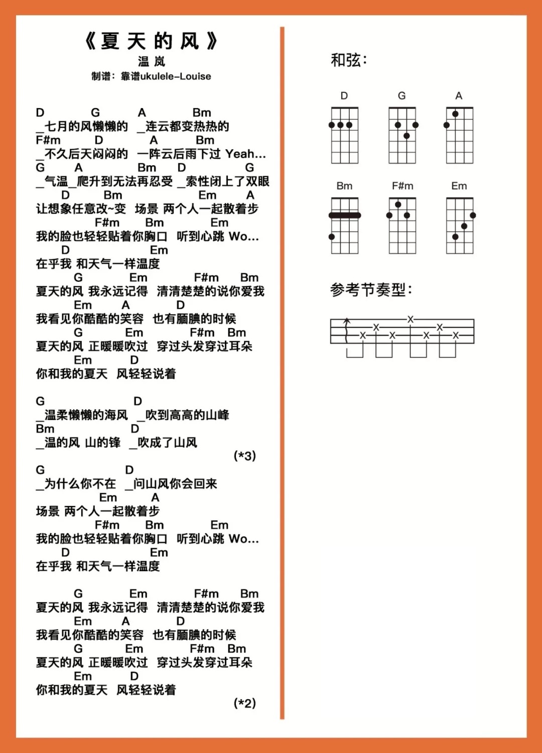 简单《夏天的风》尤克里里指弹谱+弹唱谱（温岚）-C大调音乐网