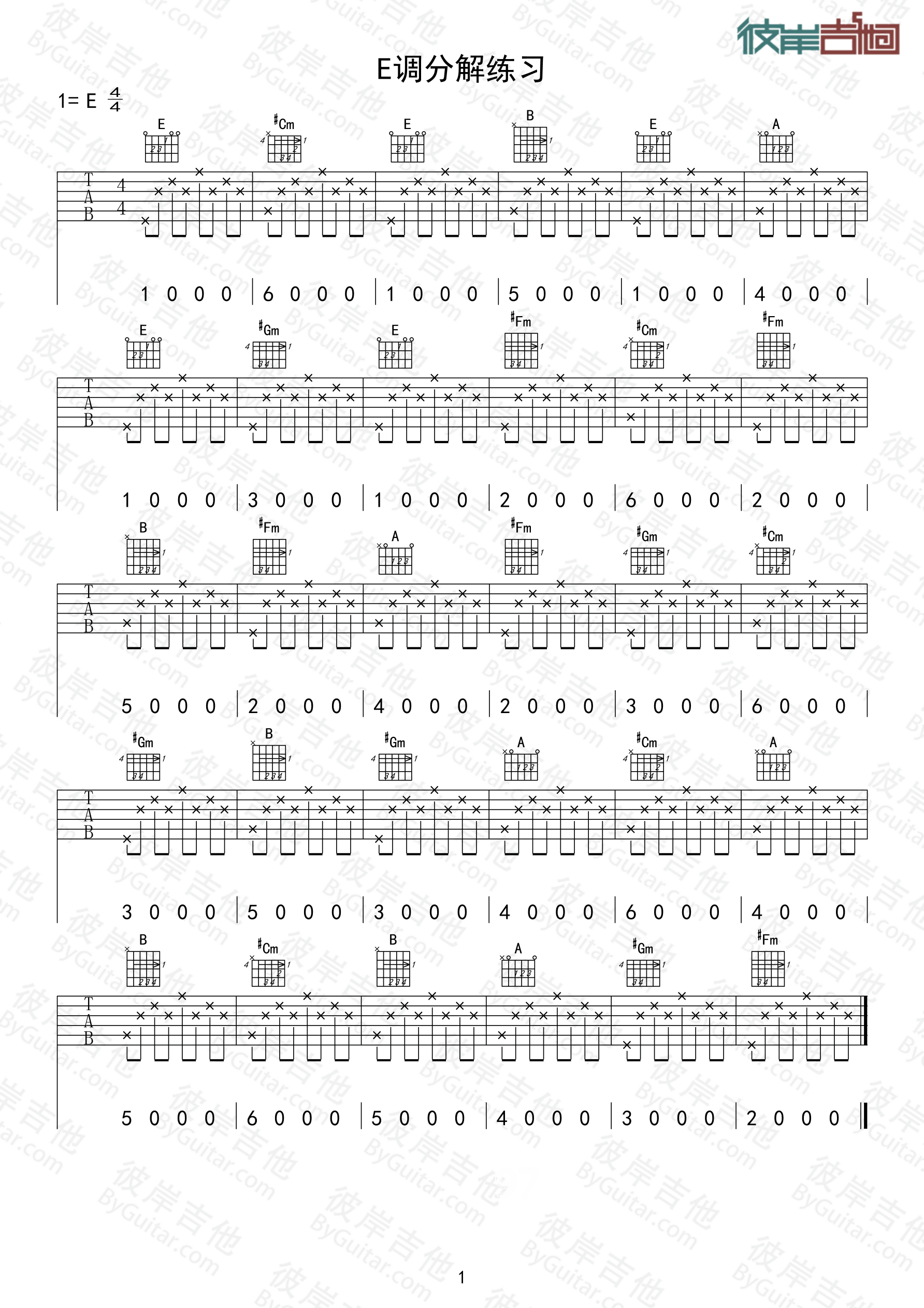 《E调和弦分解练习》吉他谱-C大调音乐网