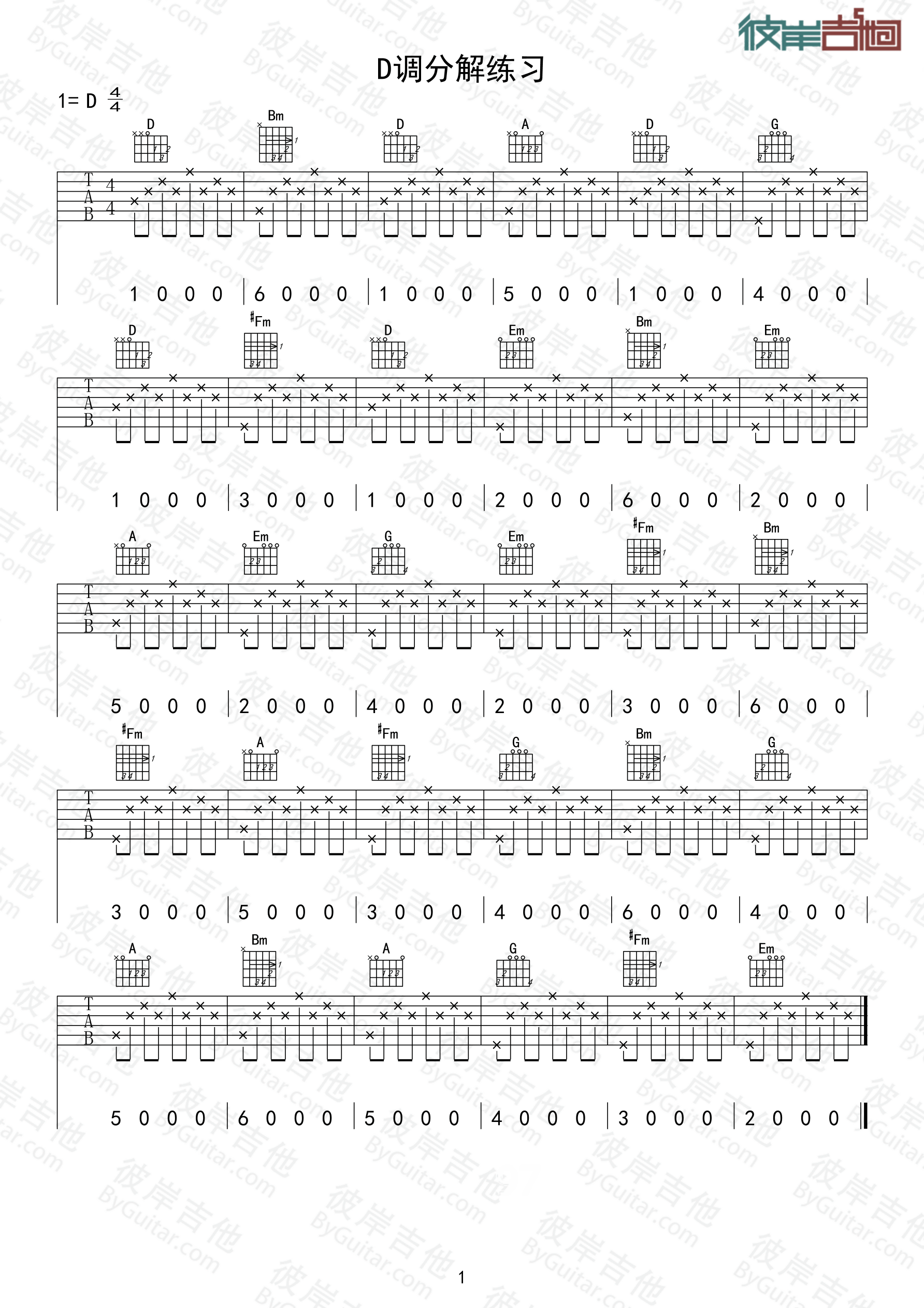 《D调和弦分解练习》吉他谱-C大调音乐网