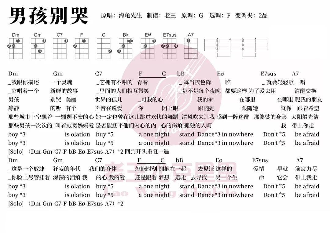 海龟先生《男孩别哭》尤克里里谱弹唱演示+E7sus、Eø和弦知识讲解-C大调音乐网