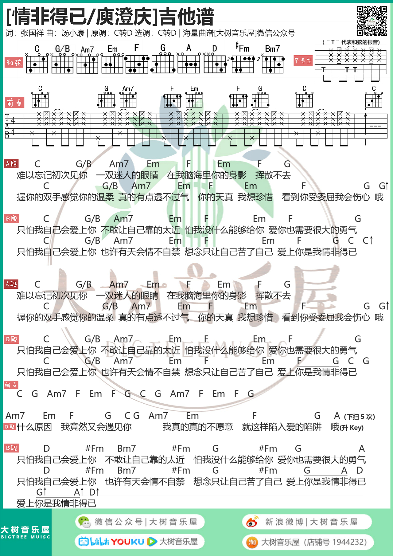 情非得已（大树音乐屋）-C大调音乐网