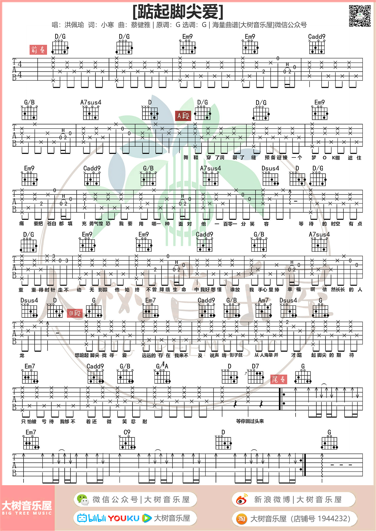 《踮起脚尖爱》洪佩瑜-吉他弹唱教学-吉他谱-大树音乐屋-C大调音乐网