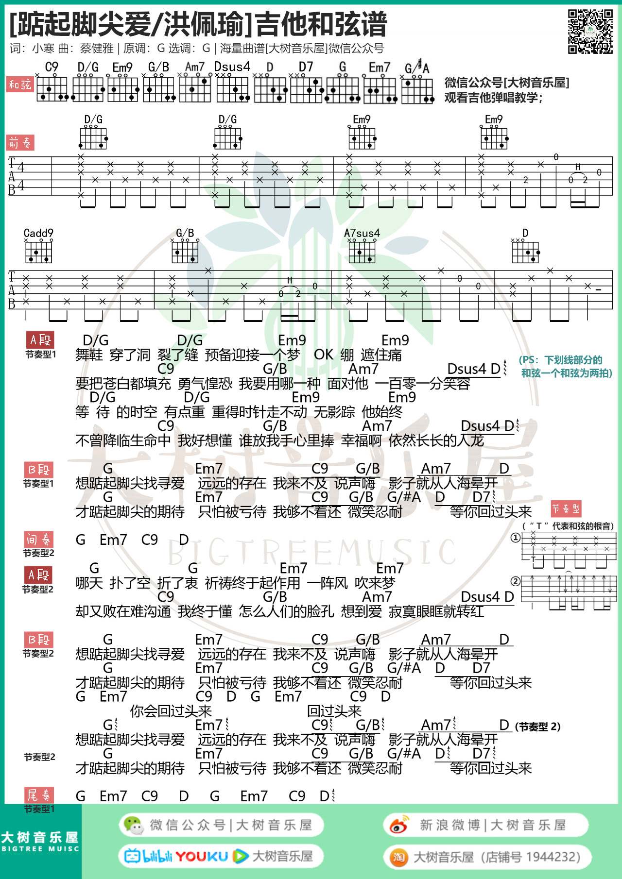 《踮起脚尖爱》洪佩瑜-吉他弹唱教学-吉他谱-大树音乐屋-C大调音乐网