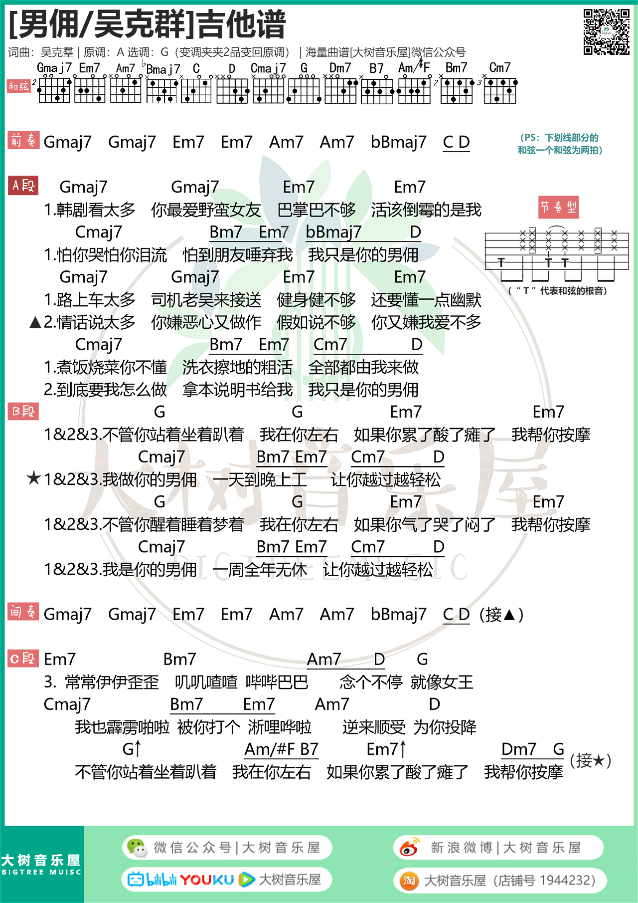 《男佣》吴克群-吉他谱-大树音乐屋-C大调音乐网