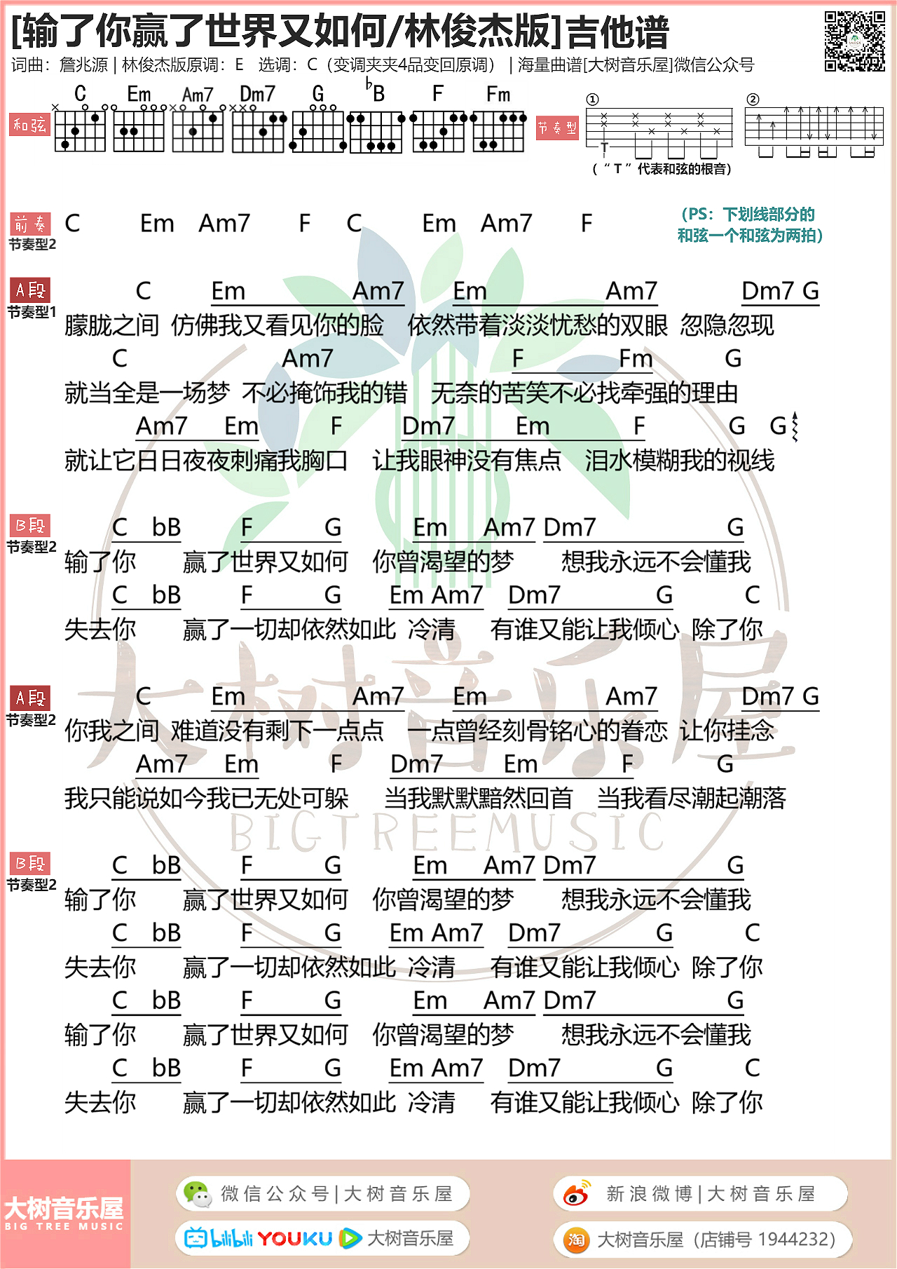 《输了你赢了世界又如何》林俊杰-吉他谱-大树音乐屋-C大调音乐网