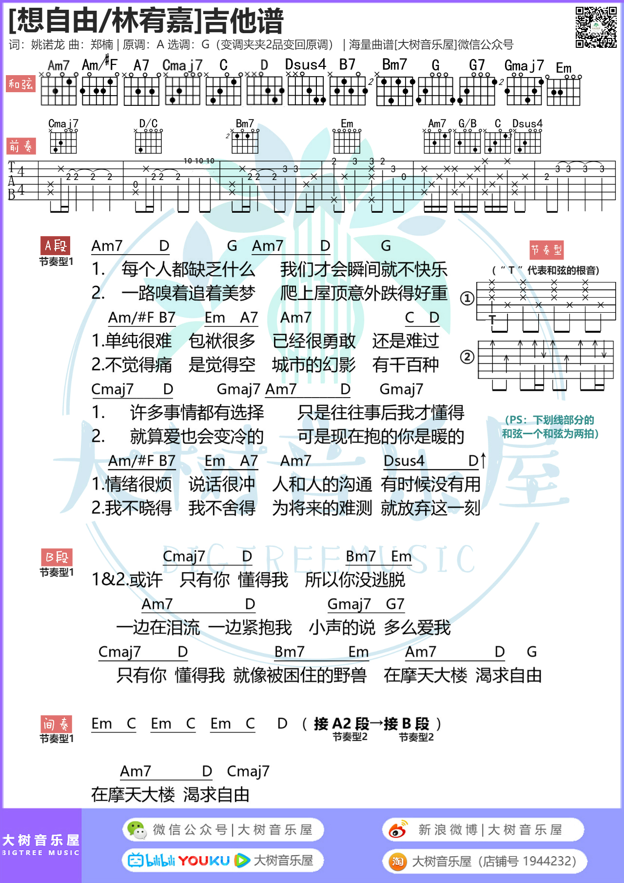 〈想自由〉林宥嘉-吉他弹唱教学-吉他谱-大树音乐屋-C大调音乐网