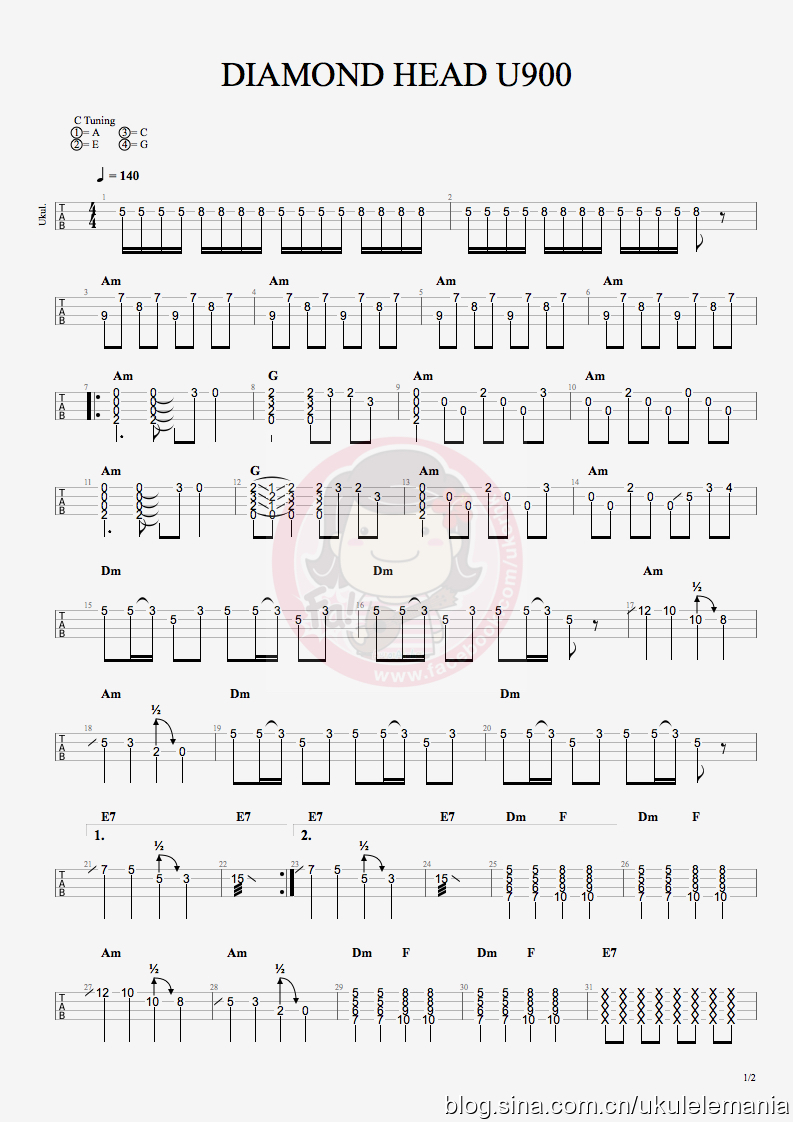 U900版《Diamond Head》ukulele指弹谱-The Ventures-C大调音乐网
