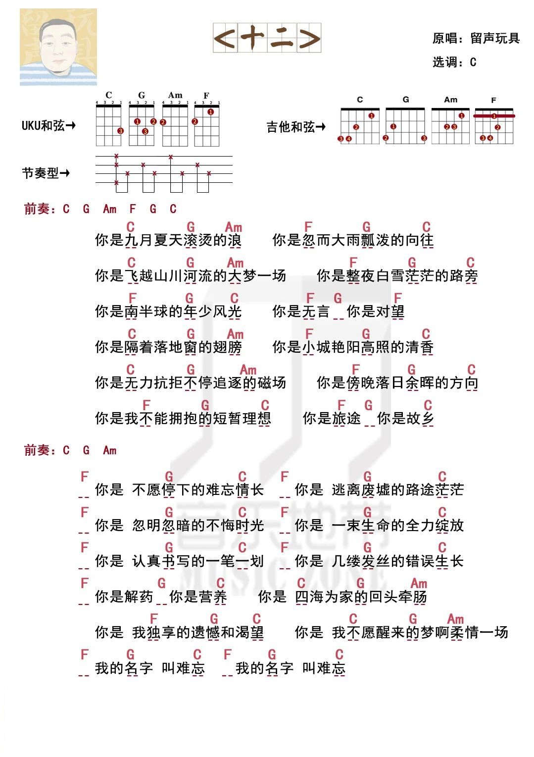 你是眼前，也是远方〈十二〉留声玩具·尤克里里吉他弹唱谱-C大调音乐网