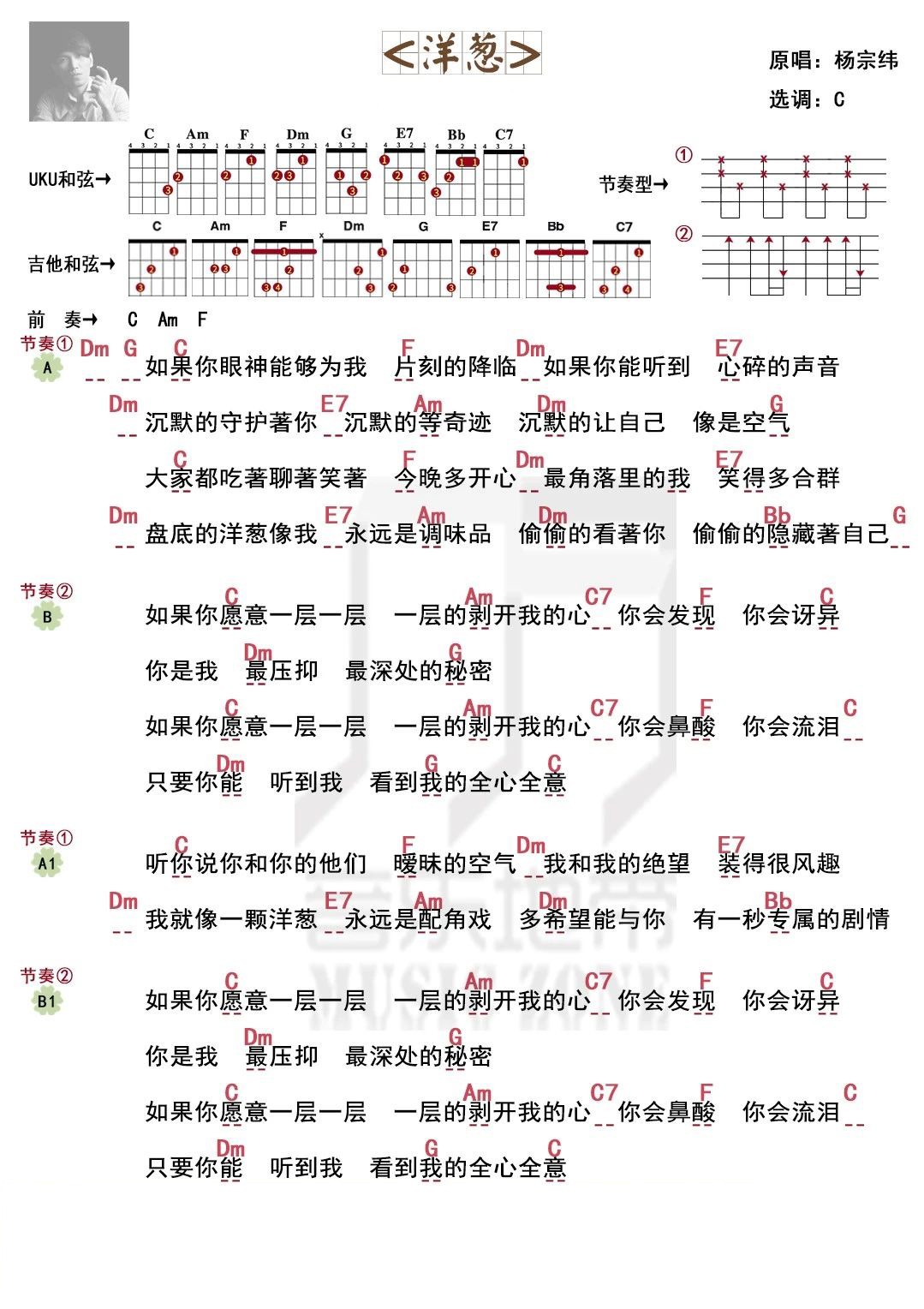 想让你了解我〈洋葱〉杨宗纬·尤克里里弹唱谱-C大调音乐网