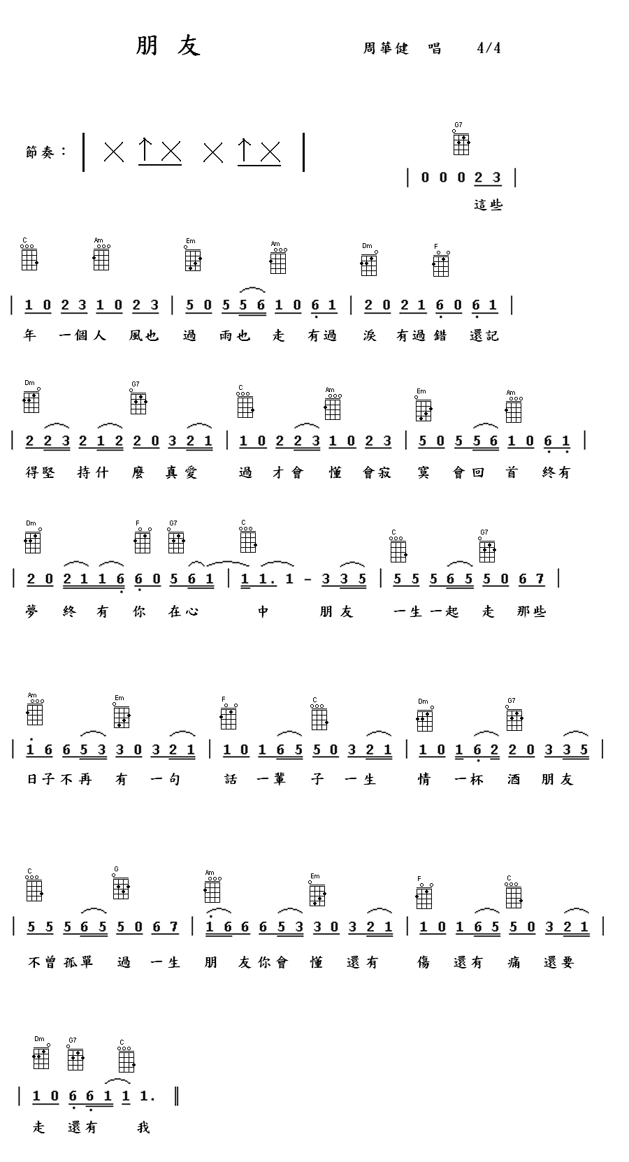 《朋友》 周华健 ukulele弹唱谱-C大调音乐网