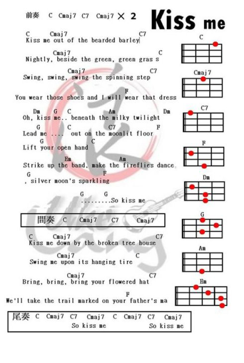 《Kiss me》尤克里里弹唱谱-C大调音乐网