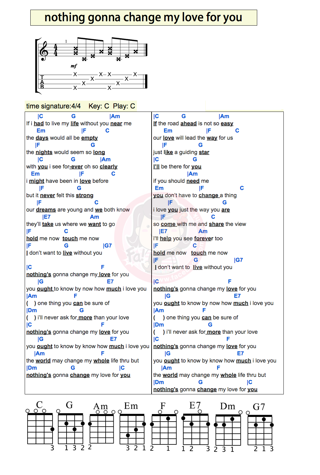 《nothing’s gonna change my love for you》UKE弹唱谱-C大调音乐网