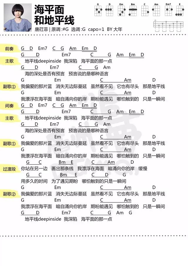 《海平面和地平线》尤克里里谱（唐荭菲）-C大调音乐网