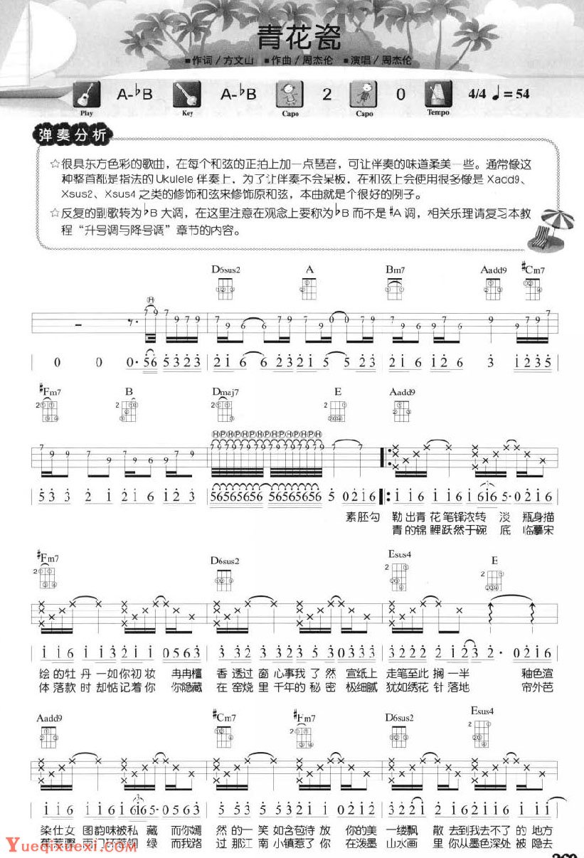 尤克里里练习乐曲《青花瓷》颤音与震音 尤克里里指弹曲谱-C大调音乐网