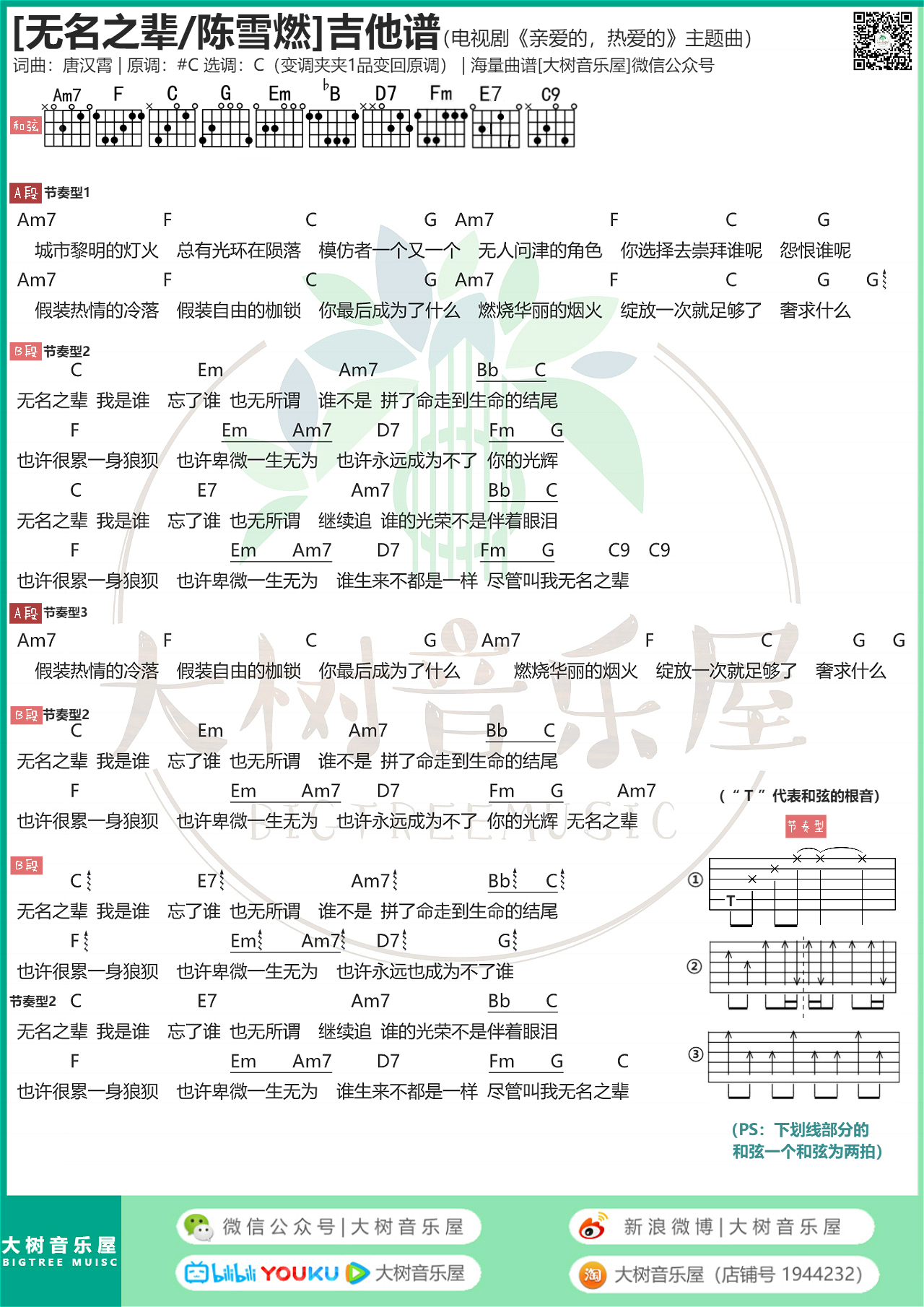 《亲爱的，热爱的》主题曲/《无名之辈》陈雪燃-吉他谱-吉他弹唱教学-大树音乐屋-C大调音乐网