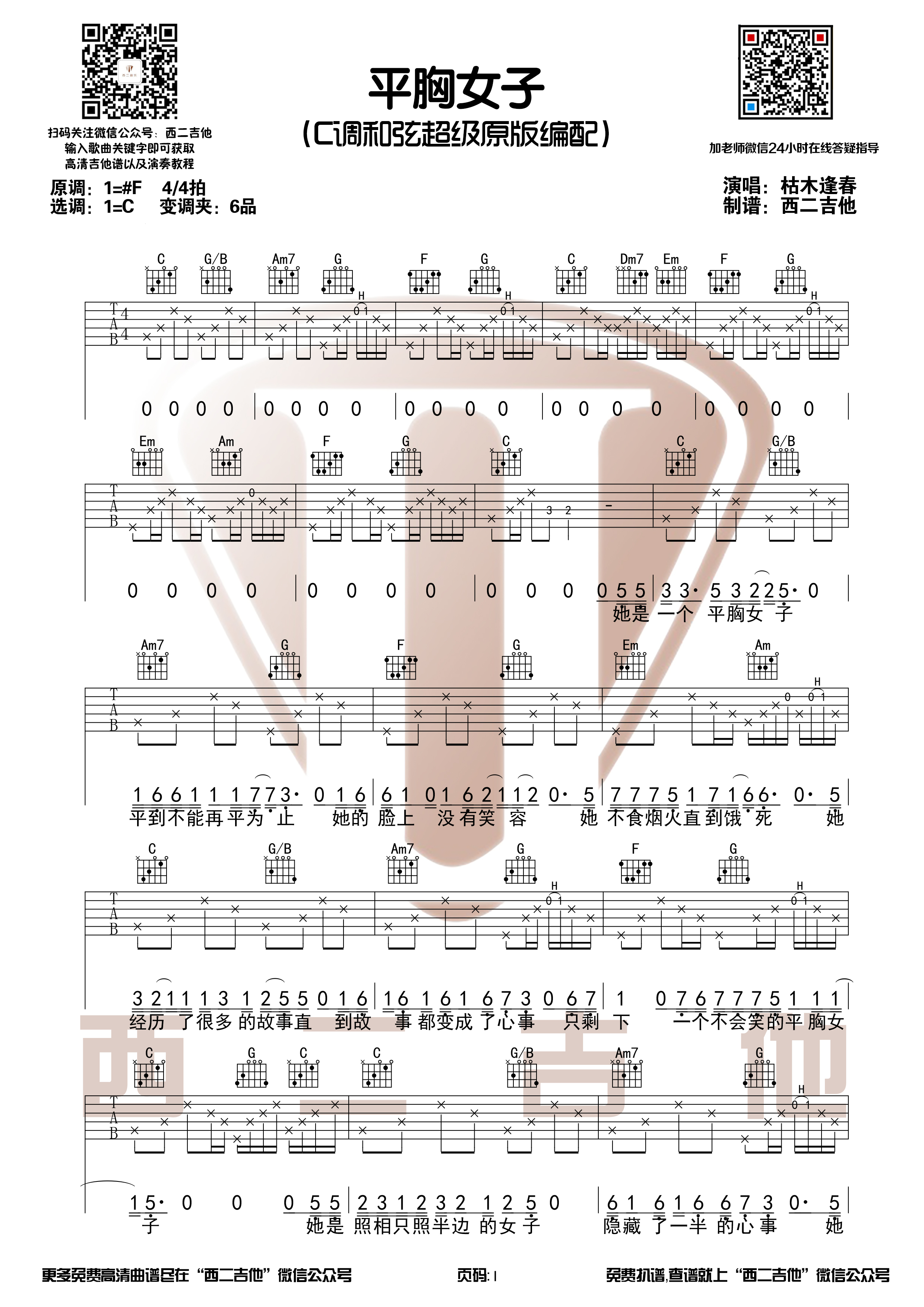 枯木逢春《平胸女子》原版吉他谱附演奏视频【西二吉他】-C大调音乐网