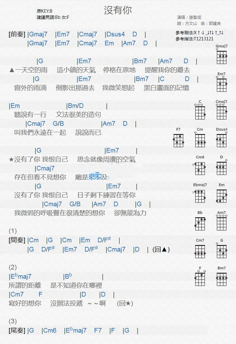 《没有你》 张智成 尤克里里弹唱谱-C大调音乐网