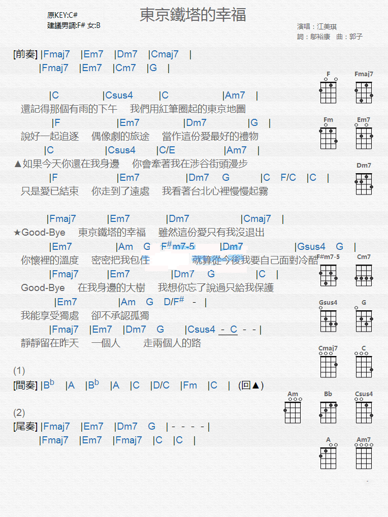 《东京铁塔的幸福》江美琪 尤克里里弹唱谱-C大调音乐网