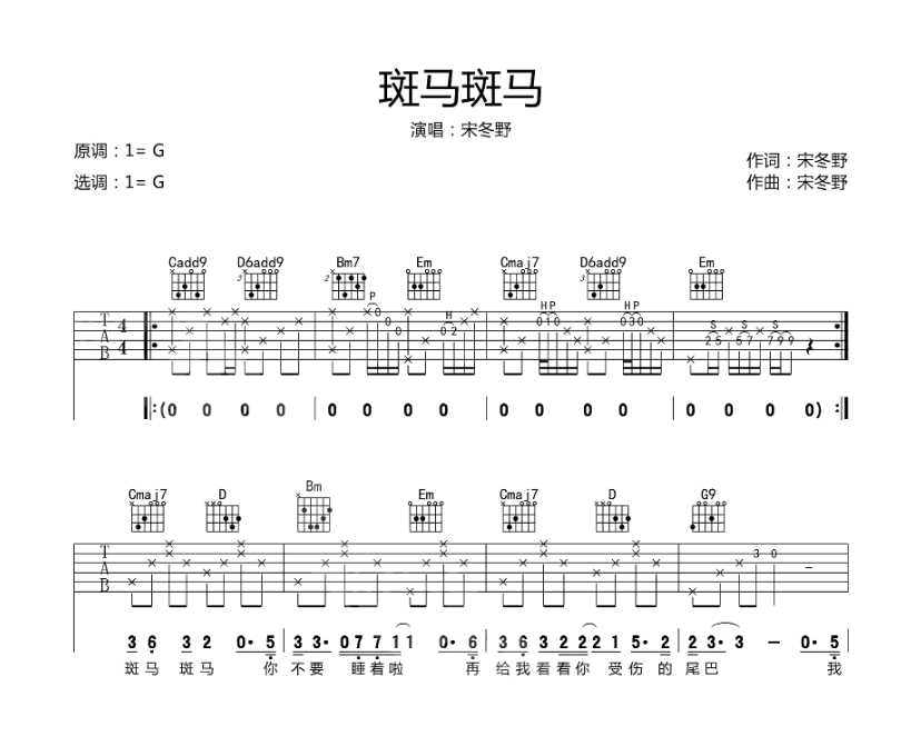 宋冬野《斑马斑马》-C大调音乐网