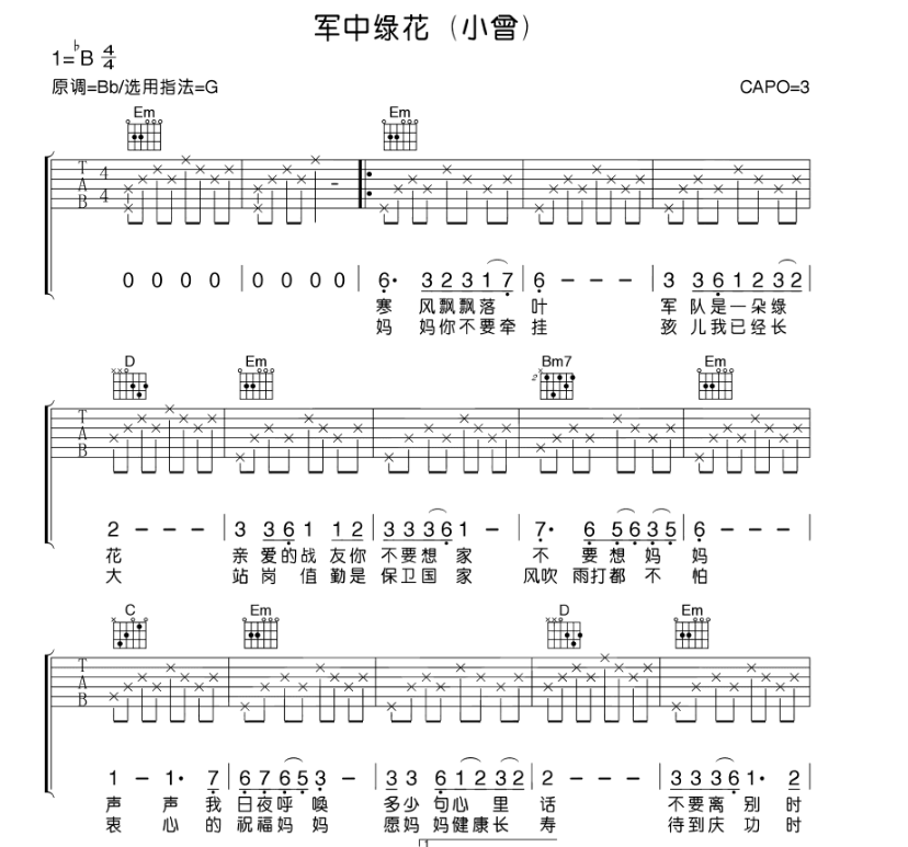 小曾《军中绿花》-C大调音乐网