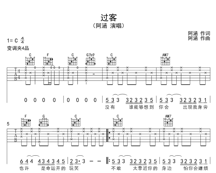 阿涵《过客》-C大调音乐网