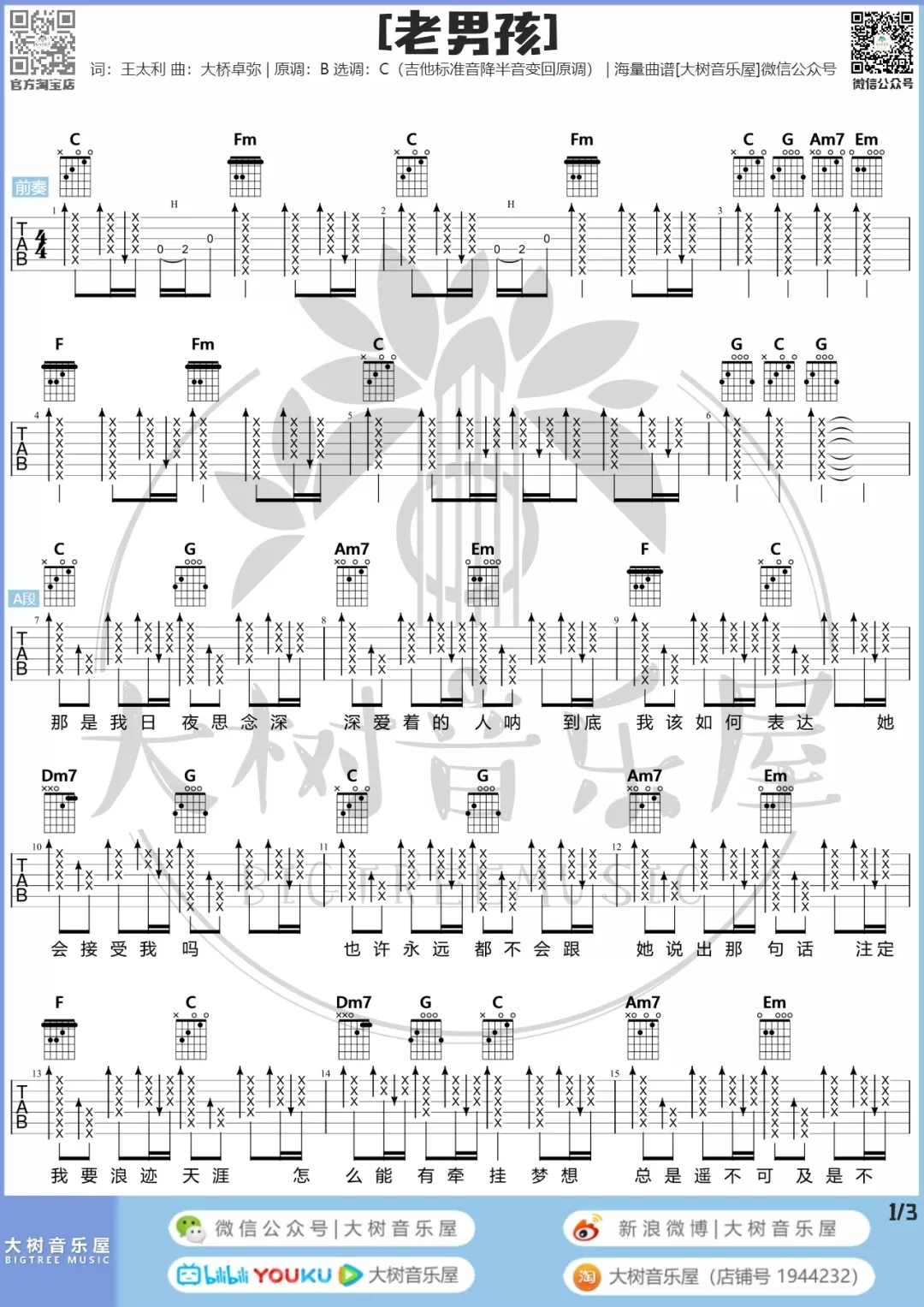 《老男孩》吉他谱-C大调音乐网