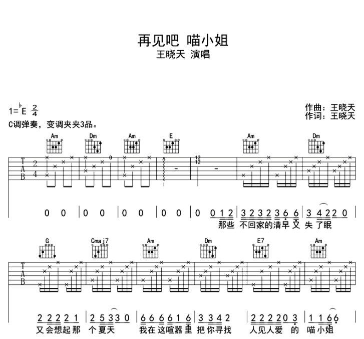 王晓天《再见吧 喵小姐》-C大调音乐网