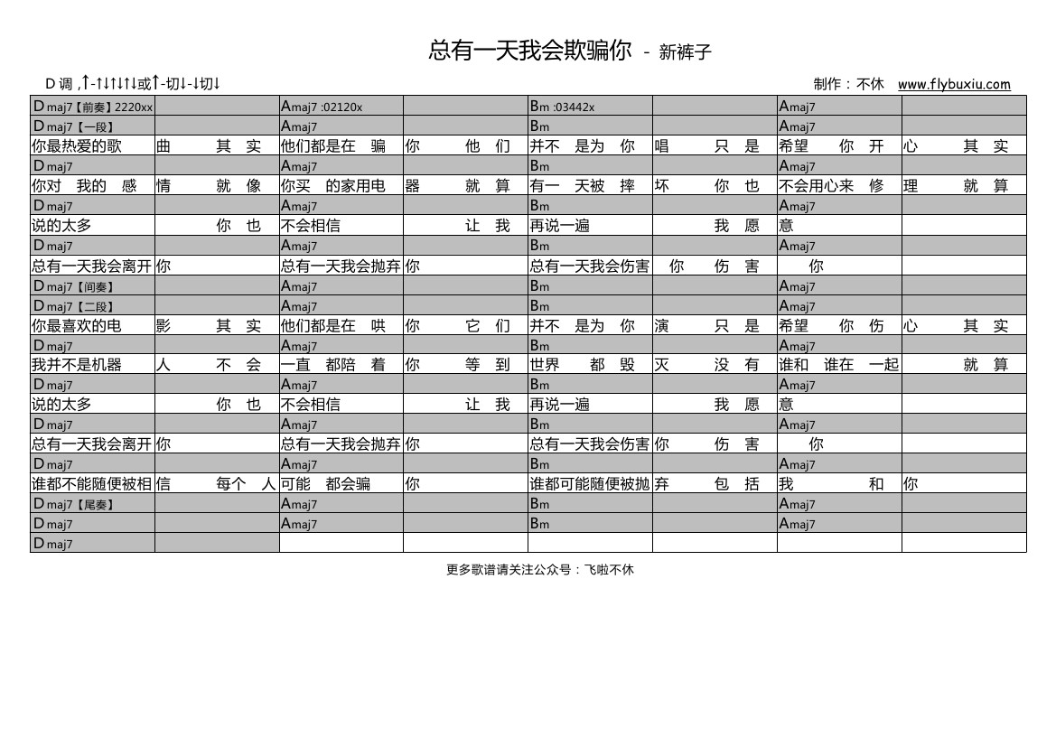 总有一天我会欺骗你（不休弹唱谱）-C大调音乐网