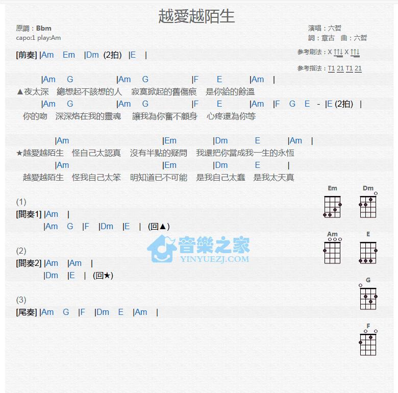 《越爱越陌生》六哲 尤克里里弹唱谱-C大调音乐网