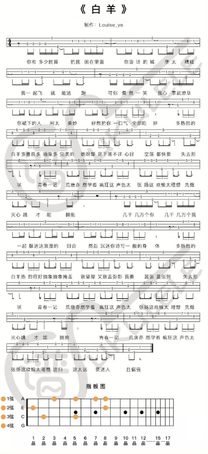 《白羊》简易版 尤克里里指弹谱-C大调音乐网