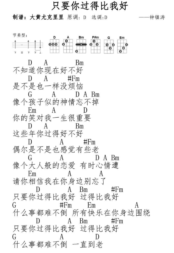 《只要你过得比我好》尤克里里弹唱谱-C大调音乐网