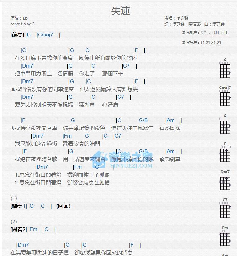 《失速》C调 尤克里里弹唱谱-C大调音乐网