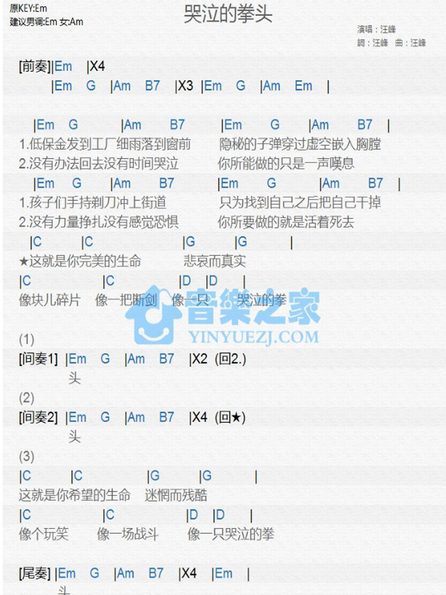 《哭泣的拳头》 汪峰 E调尤克里里弹唱谱-C大调音乐网
