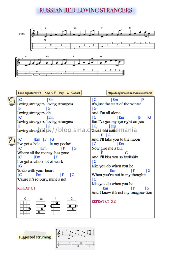 《Loving Strangers》Russian Red 尤克里里弹唱谱-C大调音乐网