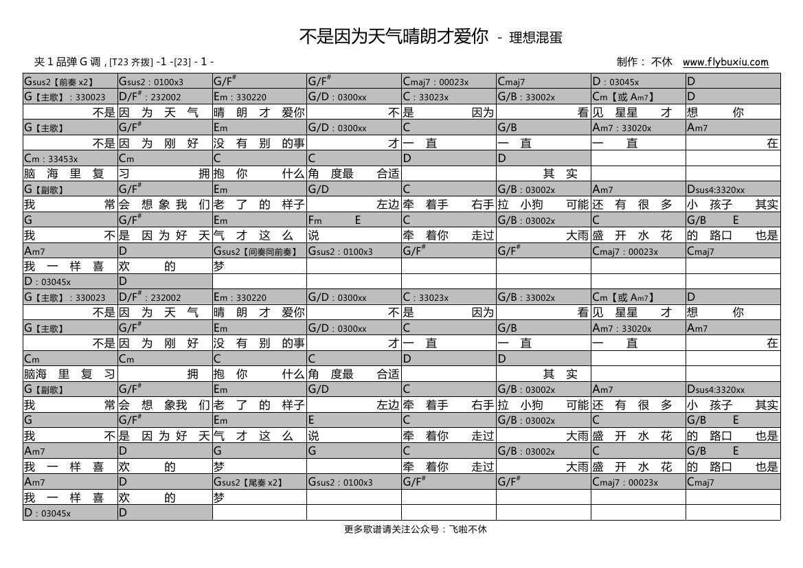 不是因为天气晴朗才爱你（不休弹唱谱）-C大调音乐网