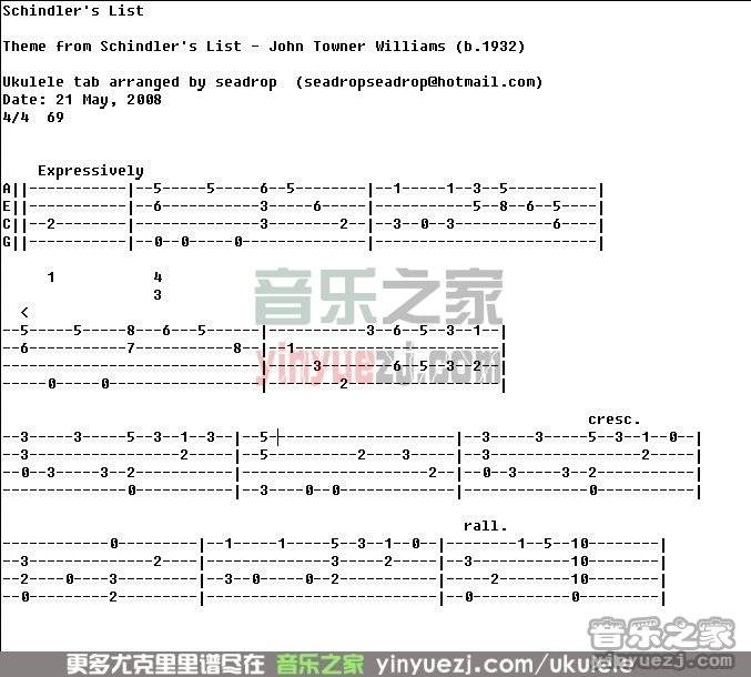 《schindler's list》尤克里里指弹谱-C大调音乐网