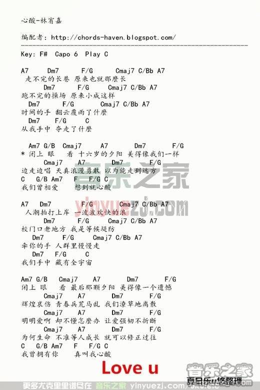 《心酸》林宥嘉 尤克里里弹唱谱-C大调音乐网