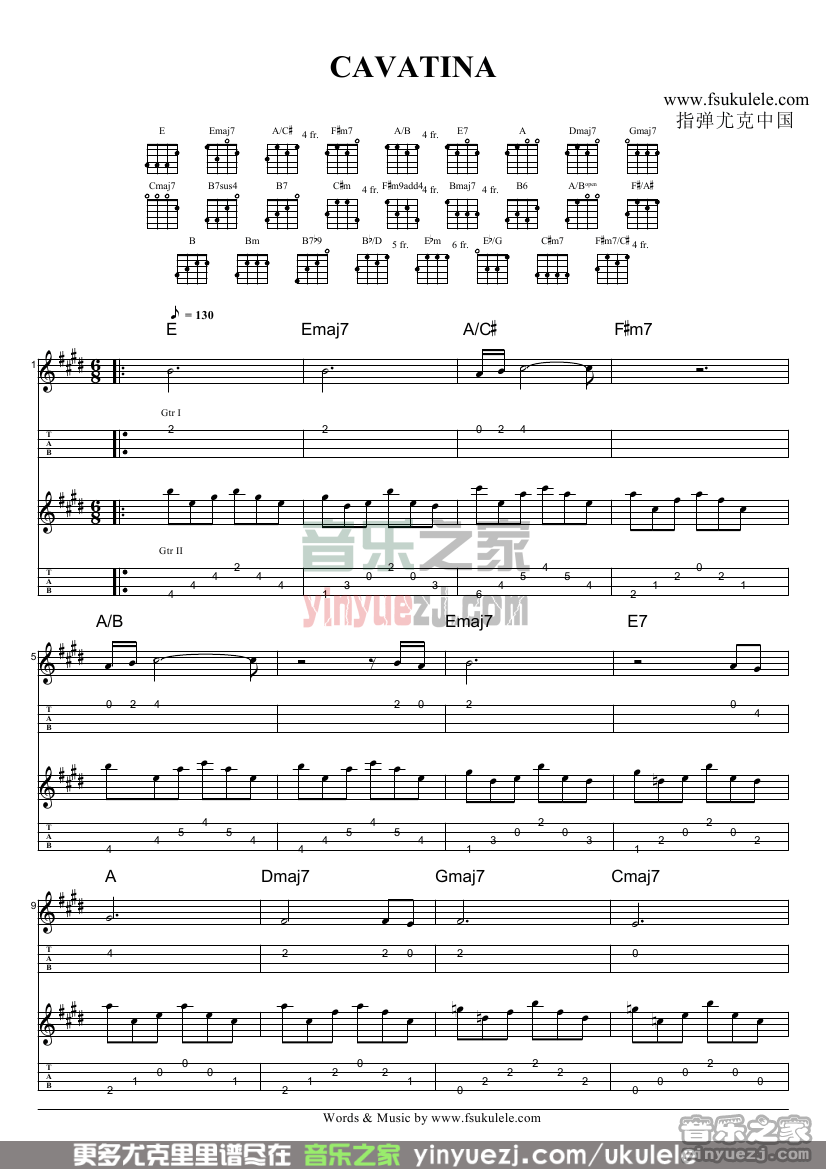 《cavatina》尤克里里指弹谱-C大调音乐网