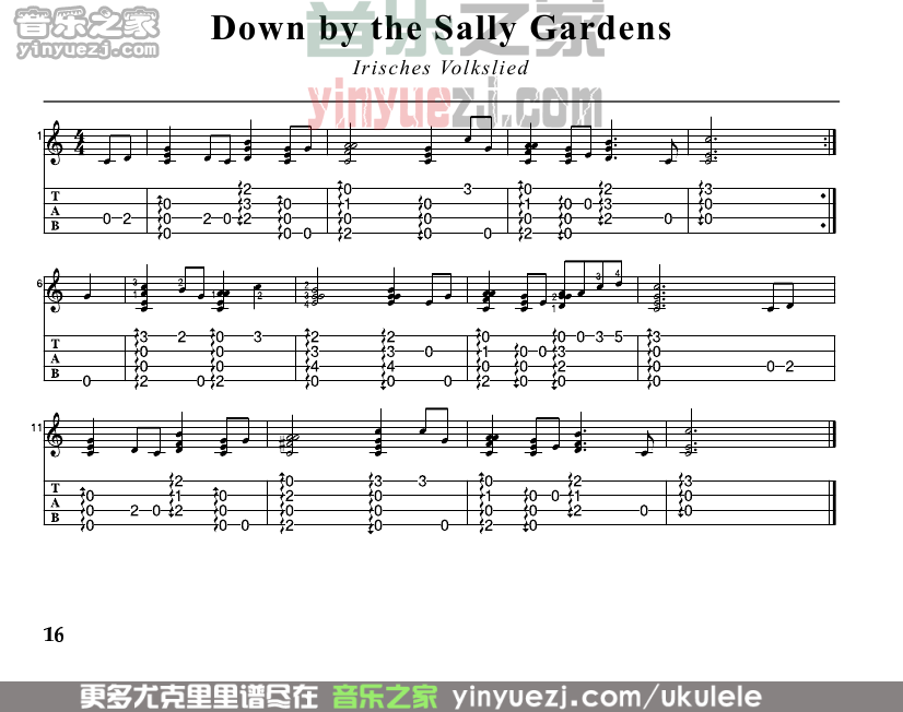 《down by the salley gardens》尤克里里指弹谱-C大调音乐网