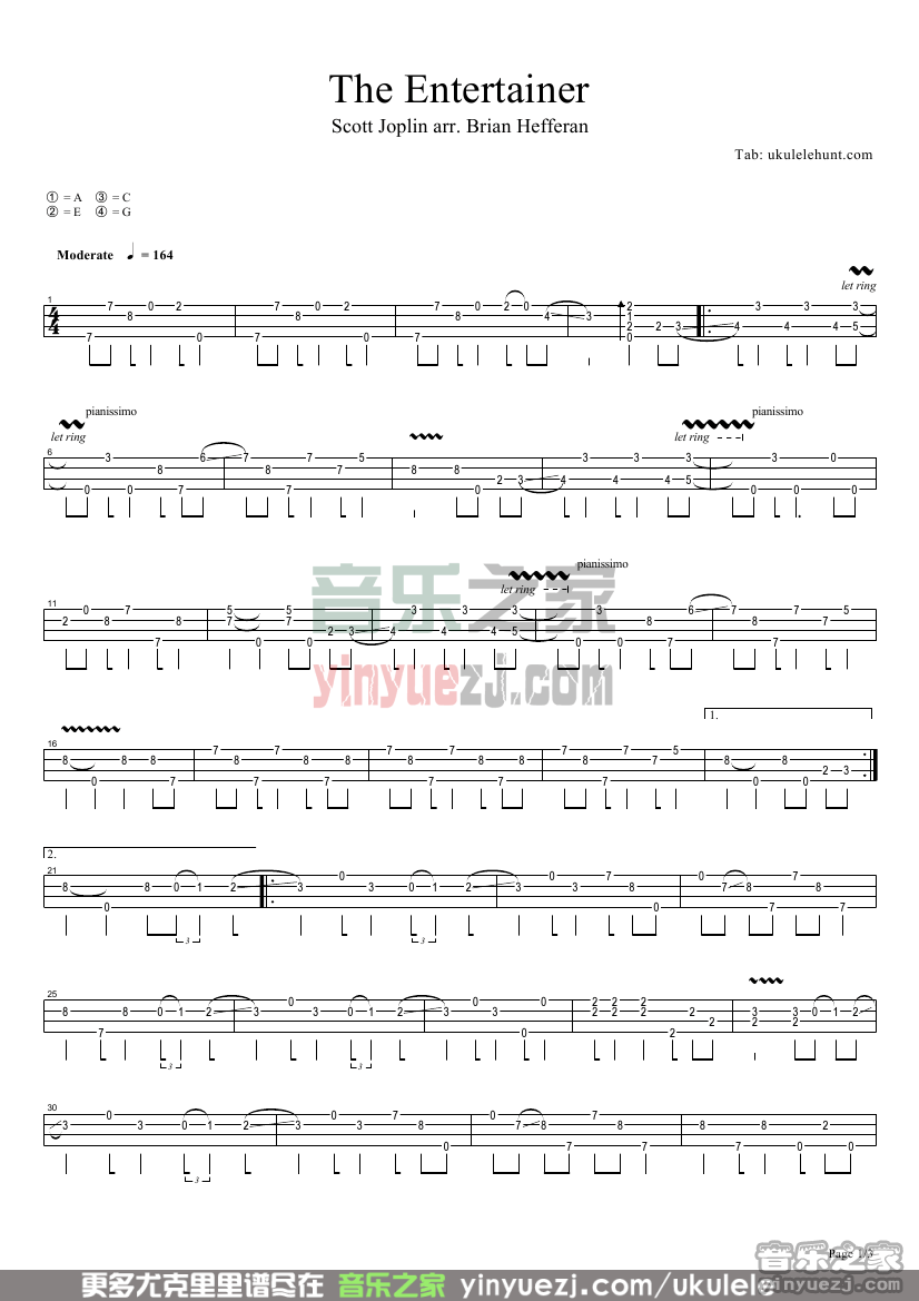 《the entertainer》尤克里里指弹谱-C大调音乐网