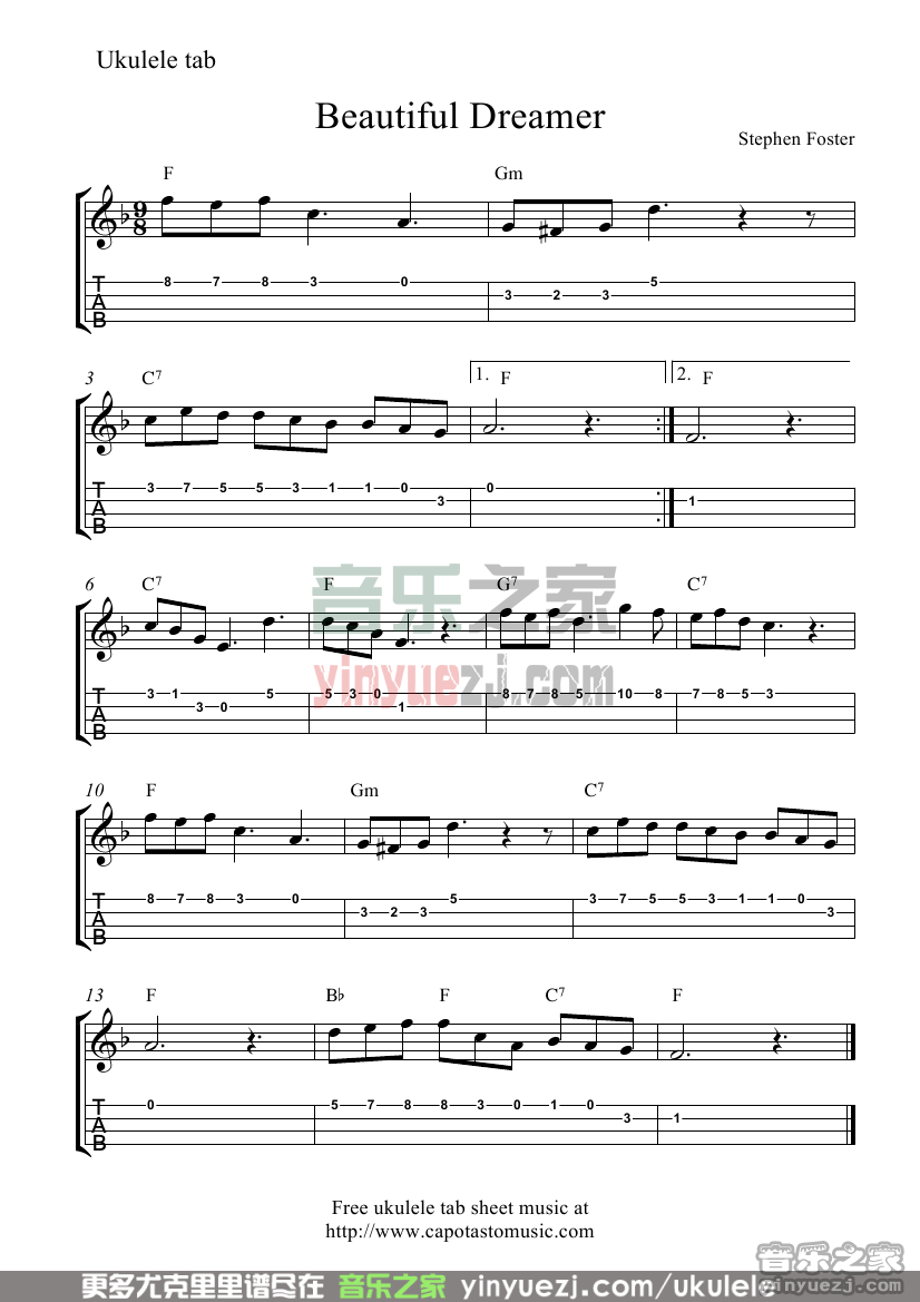 《beautiful dreamer》尤克里里指弹谱-C大调音乐网